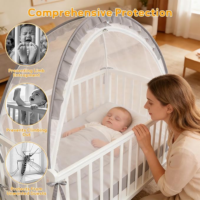 Crib Tent to Keep Baby in - Stop Climbing Out with Double Zipper & Strong Rods, Breathable Mesh Pop-Up Canopy for Easy Installation, Fits Standard Cribs