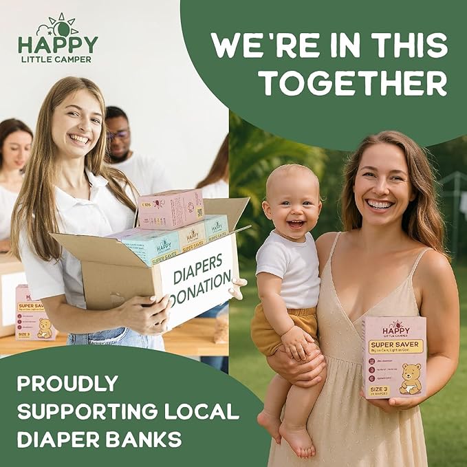 Happy Little Camper Ultra-Absorbent Natural Baby Diapers Size 2 - Hypoallergenic & Chlorine-Free Disposable Diapers Safe for Sensitive Skin - Unscented Infant Diapers - 216 Count