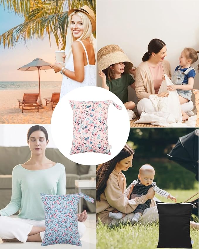 Wet Dry Bags Two Zipper Pockets Travel Beach Pool Reusable Waterproof Yoga Gym Bag for Baby Cloth Diaper Swimsuits Wet Clothes 3 Pack Flowers