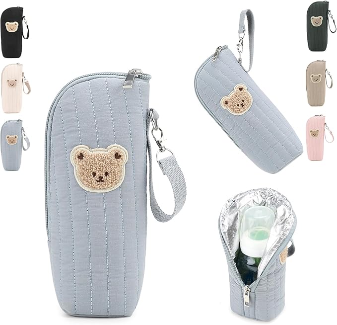 Insulated Baby Bottle Bag, Cotton Thermal Storage Organizer with Bear Design, 8.66x2.76x3.15 Inches, Light Blue, for Breast Milk Transport and Snacks (blue)