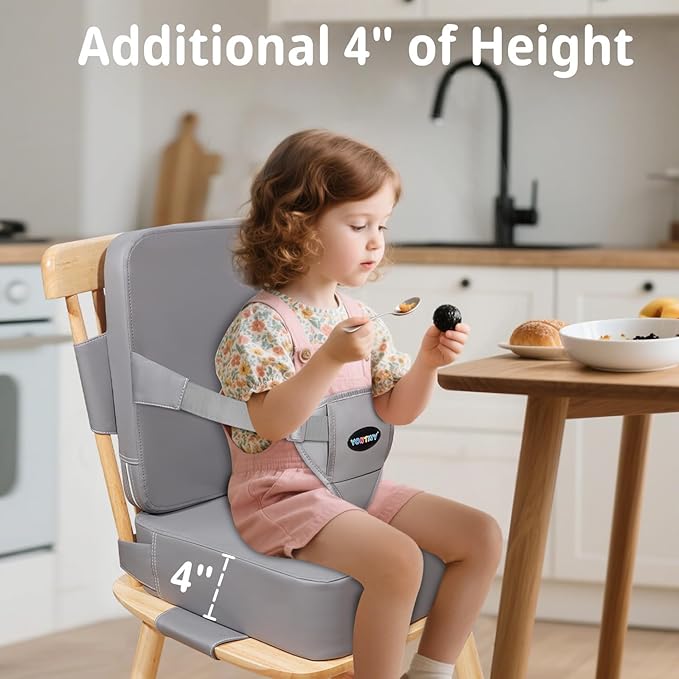 Toddler Booster Seat for Kitchen Chair with Removable Backrest & Adjustable Straps, PU Portable Waterproof & Non-Slip Booster Seat for Dining Table, Travel Child Eating Cushion-Light Grey