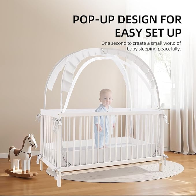 Lazyzzzz Crib Tent - Pop Up Crib Canopy with Double Zipper Self-Locked,1200 Holes/Inch Mesh Crib Net to Keep from Climbing Out, Portable Easy Install Mosquito Net 55" L x 27" W x 51" H White