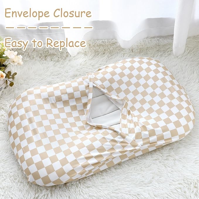 DILIMI Nursing Pillow Cover and Baby Lounger Cover, Comfortable Slipcover Newborn Lounger Cover for Boys Girls, Light Brown Checkerboard (Pillow Not Include)