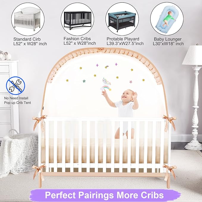 Crib Tent to Keep Baby from Climbing Out, Wonderful Stars Breathable Pop-up Mosquito Net, Protable Baby Tent, Safety Crib Net Pack and Play Bed Canopy