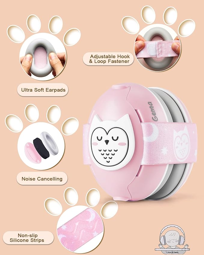 Lilian&Gema 2-in-1 Baby Ear Muffs Noise Protection up to 48 Months - Cute Owl Ear Protection for Infant & Toddler - Baby Airplane/Travel Essentials - Adjustable Noise Reduction Earmuffs, Pink