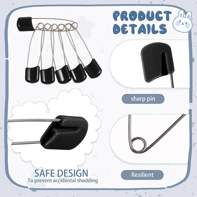 WILLBOND 100 Pcs Safety Pins 2.2 Inch Plastic Head Cloth Pins with Locking Closures Stainless Steel with Velvet Bag, Black