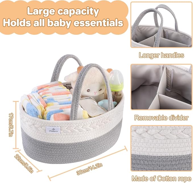 PHILORN Diaper Caddy Organizer, Cotton Rope Diaper Caddy Basket, Woven Diaper Caddy with Dividers, Nursery Storage Basket for Changing Table, Car Diaper Caddy, Baby Shower Gifts