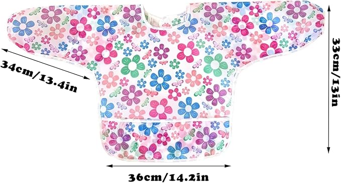 PandaEar 3 Pack Waterproof Baby Long Sleeve Bibs for Girls, Lightweight Toddler Art Smock with Catch-All Pocket, Washable Mealtime Bibs for Eating & Messy Play, Fits 6-24-36 Months