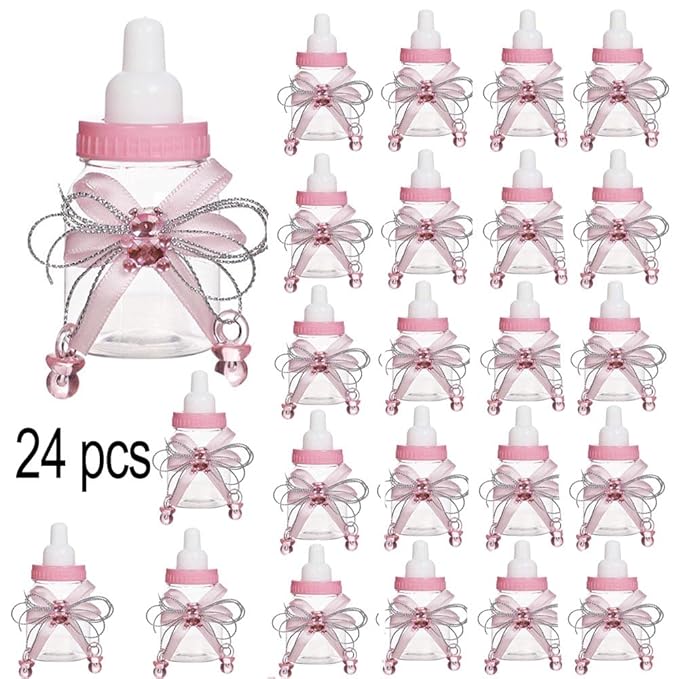 24-Piece Baby Feeding Bottle Set with Pink Candy Box for Shower Decoration