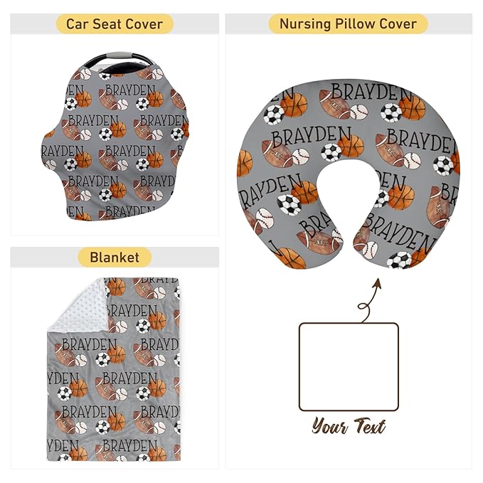 Baby Nursing Pillow Cover - Personalized Name Multi-Ball Theme Breastfeeding U-Shaped for Bottle Feeding, Ultra Soft Comfortable Breastfeeding Pillow Cover for Infant Baby Boys and Girls