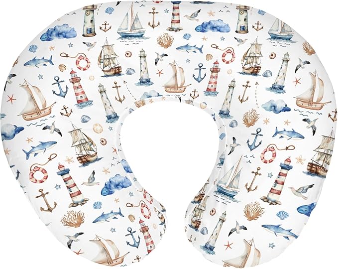 Sailing Adventure Baby Nursing Pillow Covers for Boy Girl Sea Lighthouse Ship Anchors Whale Shells Nursing Pillowcase for Breastfeeding Pillows Boho Beach Summer Soft Stretchy Slipcovers for Newborn