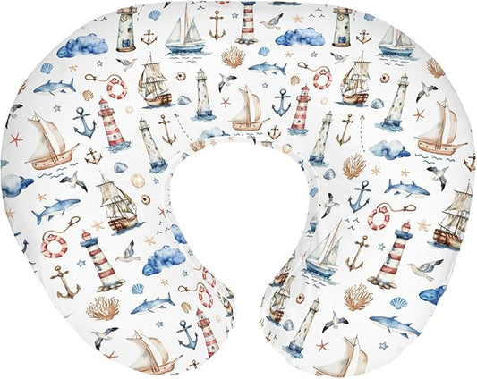Sailing Adventure Baby Nursing Pillow Covers for Boy Girl Sea Lighthouse Ship Anchors Whale Shells Nursing Pillowcase for Breastfeeding Pillows Boho Beach Summer Soft Stretchy Slipcovers for Newborn