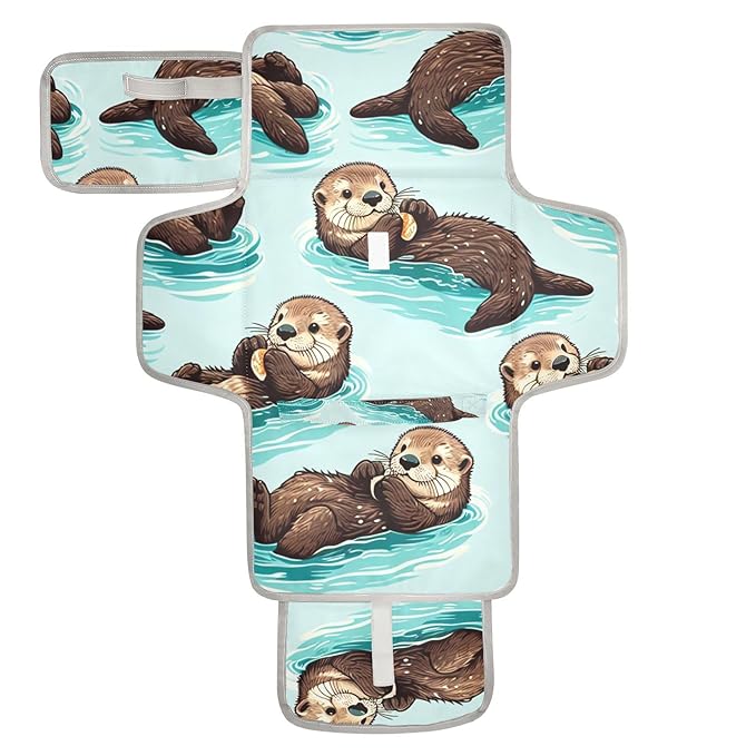 Sea Otters Portable Diaper Changing Pad - Waterproof Foldable Baby Diaper Changing Pad with Built-in Pillow, Travel Diaper Changing Mat for Newborn Baby