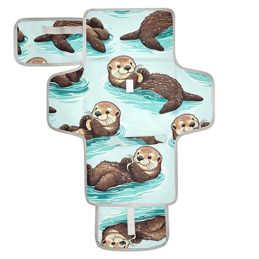 Sea Otters Portable Diaper Changing Pad - Waterproof Foldable Baby Diaper Changing Pad with Built-in Pillow, Travel Diaper Changing Mat for Newborn Baby
