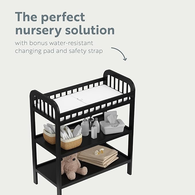 Storkcraft Pasadena Changing Table with Water-Resistant Changing Pad (Black) - GREENGUARD Gold Certified, Includes Bonus Water-Resistant Changing Pad with Safety Strap, 2 Open Shelves