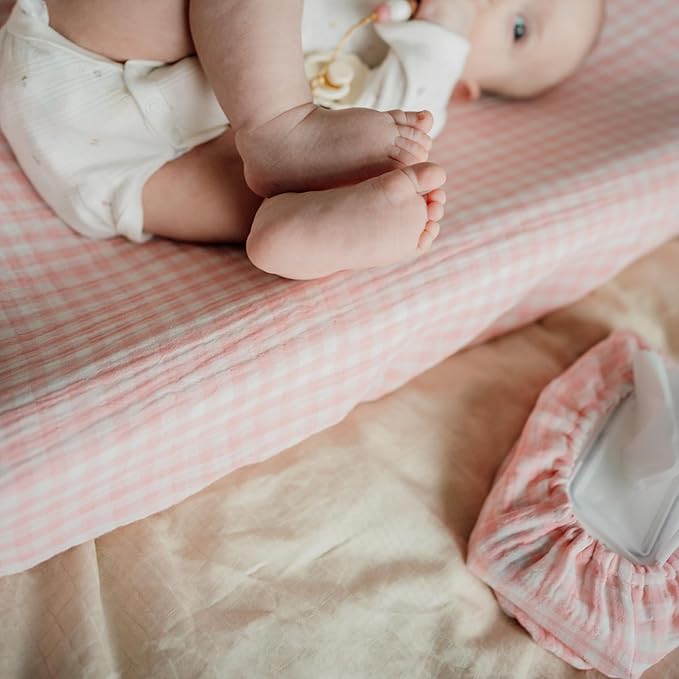 TISU Gingham Diaper Changing Pad Cover, 16 x 32 inches, Soft Muslin Cotton, Elastic Band, Check Pattern (Pink Gingham)