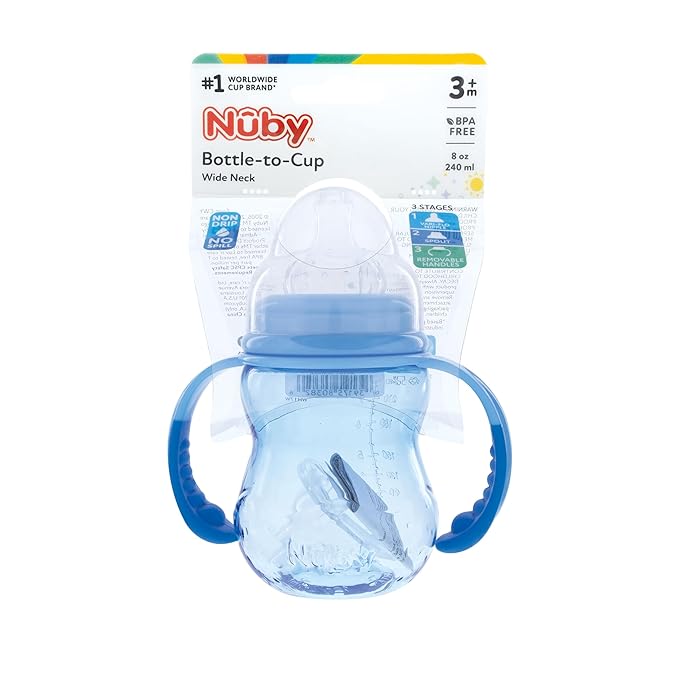 Nuby 3 in 1 Baby Bottle to Training Sippy Cup - 8 Oz Toddler Cups Spill Proof with Soft Spout, Nipple & Removable Grip Handles - Dishwasher Safe (Blue)