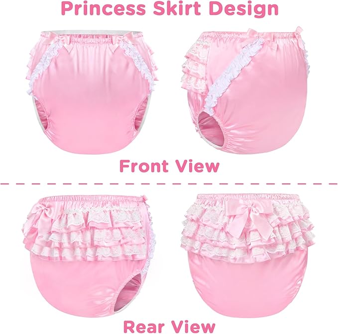 Littleforbig Washable Reusable Waterproof Ruffled Lace Bow Pretty in Pink Satin Over Adult Diaper Cover S