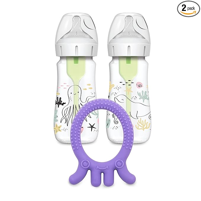 Dr. Brown’s Natural Flow® Anti-Colic Options+™ Wide-Neck Baby Bottle, Ocean Design, 9 oz/270 mL, Level 1 Nipple, 2-Pack, 0m+ with Flexees Friends Silicone Teether, Purple Octopus