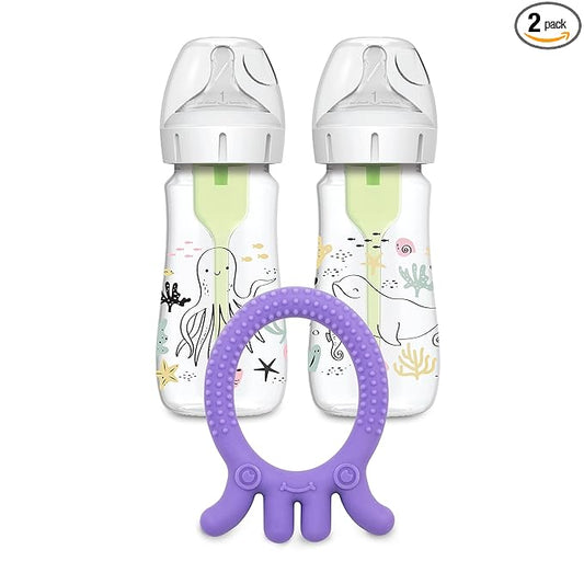 Dr. Brown’s Natural Flow® Anti-Colic Options+™ Wide-Neck Baby Bottle, Ocean Design, 9 oz/270 mL, Level 1 Nipple, 2-Pack, 0m+ with Flexees Friends Silicone Teether, Purple Octopus