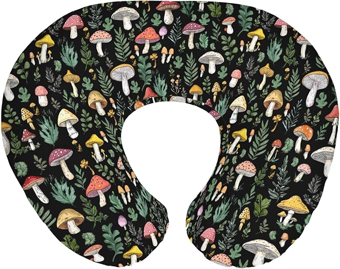 Colorful Mushrooms Green Leaves Baby Nursing Pillow Covers for Boy Girl Fall Mushroom Forest Nursing Pillowcase for Breastfeeding Pillows Autumn Soft Stretchy Slipcovers for Newborn Infant
