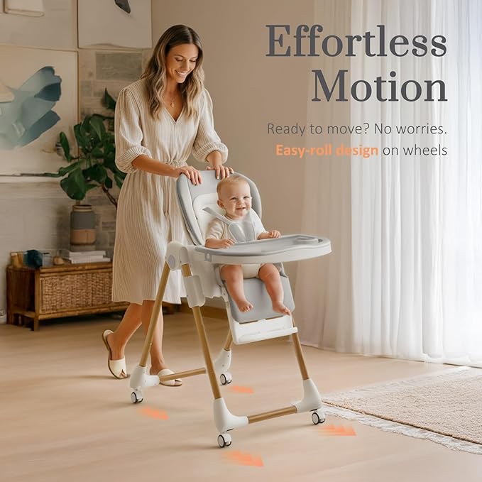 Mallify Foldable High Chairs for Babies and Toddlers, 3-in-1 Convertible Baby High Chair with Removable Soft Cushion and Tray, Adjustable Height & Recline, Lockable Wheels, Ligh Gray