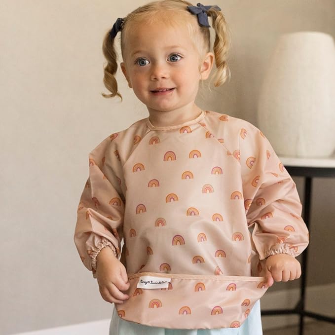 Tiny Twinkle Long Sleeve Bib for Babies & Toddlers | Waterproof Smock Bib for Eating | Machine Washable & Mess-Proof Feeding Essentials | Newborn Shower Gift (Boho Rainbow, 6–24M)