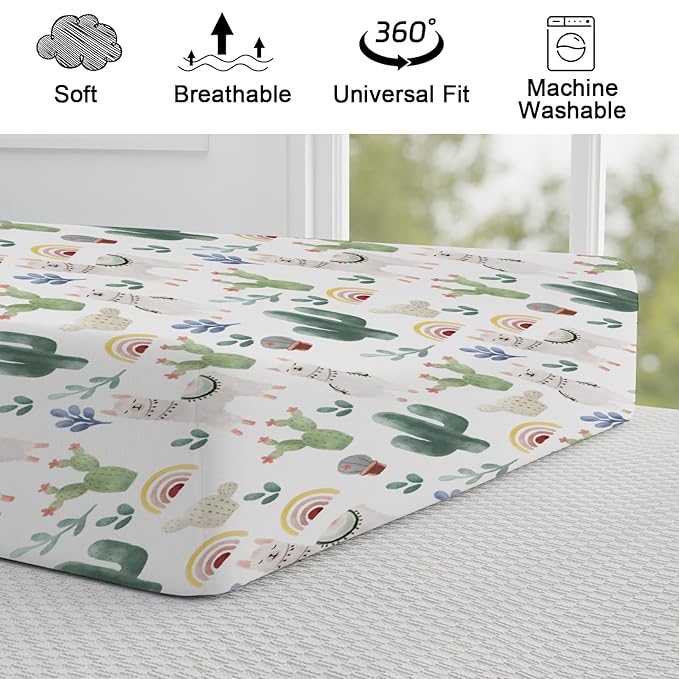 Cute Llama Changing Pad Cover Funny Llama Cactus Leaves Rainbow Diaper Change Table Sheets for Boys Girls Desert Animal Soft Breathable Stretch Fitted Changing Mat Sheets Cover 32''x16''