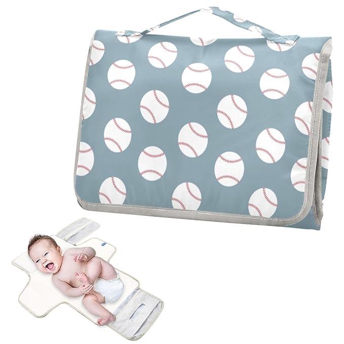 Baseball Blue Portable Diaper Changing Pad with Wipes Holder, American Sport Championship Patch Foldable Baby Diaper Changer Travel Bag Baby Changing Mat with Built-in Pillow for Newborn