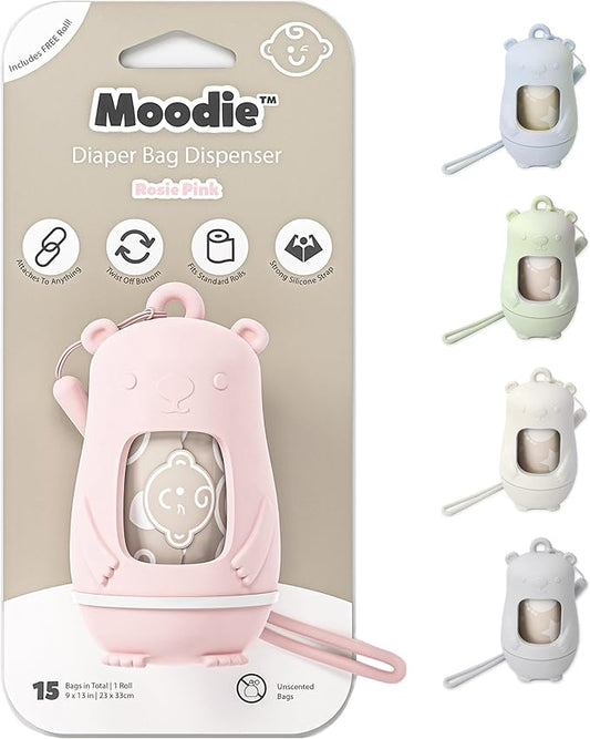 Moodie Teddy Bear Dispenser | Diaper Trash Bags on the Go Dispenser w/Silicon Strap | 15 UNSCENTED Baby Poop Bags per Roll | Dirty Diaper Bag Dispenser Disposable | Diaper Waste Bags (PINK)