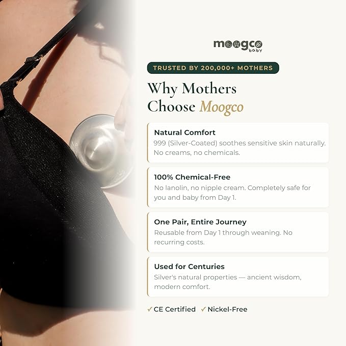 MOOGCO The Original Silver Nursing Cups - Nipple Shields for Breastfeeding Newborn - Breastfeeding Essentials - 999k Tri-Laminate Silver Nipple Covers (Regular Size, Set of 2)