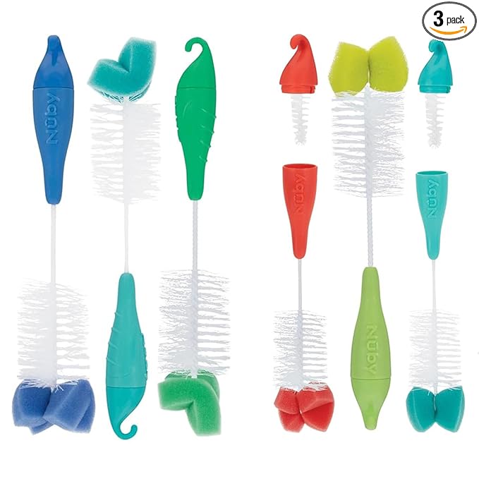 Nuby Bottle and Nipple Brush with Bristles and Sponge Tip | 3 Pack: Aqua, Blue, Lime or Aqua, Coral, Lime | Hanging Handle with Hook for Drying