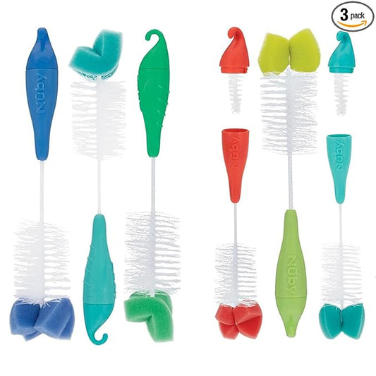 Nuby Bottle and Nipple Brush with Bristles and Sponge Tip | 3 Pack: Aqua, Blue, Lime or Aqua, Coral, Lime | Hanging Handle with Hook for Drying