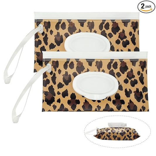 2 Pack Portable Baby Wipes Dispenser Holder Set, Leopard Print Refillable Baby Wipes Container, Wipe Holder, Reusable Travel Wet Wipe Pouch for Diaper Bag Lightweight Travel Wipes Dispenser Cases