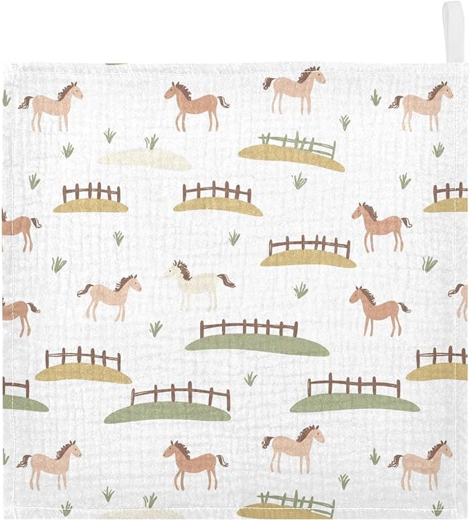 vvfelixl Baby Muslin Washcloths Cute Horses Fences Baby Burp Cloths Cotton Babys Face Towel for Newborn Infants Boys Girls Soft and Absorbent 11.8 X 11.8 in, 3 Pack