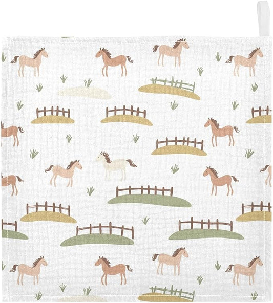 vvfelixl Cute Horses Fences Baby Burp Cloths Baby Muslin Washcloths for Boys Girls Cotton Babys Face Towel for Newborn Infants Soft and Absorbent 11.8 X 11.8 in, 5 Pack
