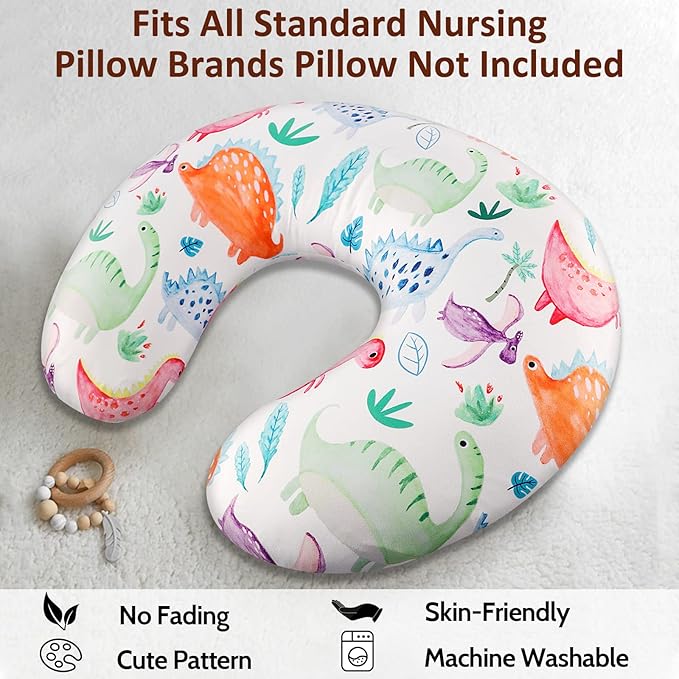 Dinosaur Nursing Pillow Cover Set Baby Boys & Girls, 2Pack Twins Breastfeeding Pillow Slipcover Cushion Cover, Soft Fabric Fits Snug On Infant,Fits for Nursing Pillow Newborn (Pillow Not Included)
