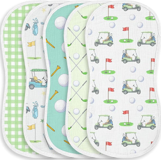 5 Pack Baby Burp Cloths for Boys Girls, Soft Cotton, Golf Sport Theme Design, Super Absorbent Baby Burping Cloths for Newborns, Machine Washable and Reusable Baby Spit-Up Cloths