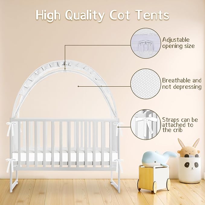 Crib Tent to Keep Baby from Climbing Out, Crib Net to Keep Baby in - Mesh Climbing Prevention, Pop Up Tent with Two-Way Self-Locking Metal Zipper (White, Large)