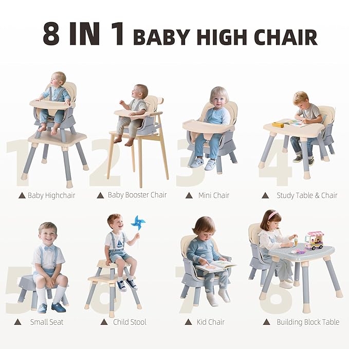 Baby High Chair, 8 in 1 Convertible Highchair, Booster Seat, Building Block/Activity Table, Stool, Feeding Chair with Dishwasher-Safe Tray, High Chairs for Babies and Toddlers (Coffee)