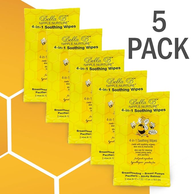 BELLA B Nipple Nurture 4-in-1 Soothing Wipes Bundle - 5 Count 5 Pack for Breastmilk, Breast Pump Cleaning, Pacifier, Baby, and Nursing