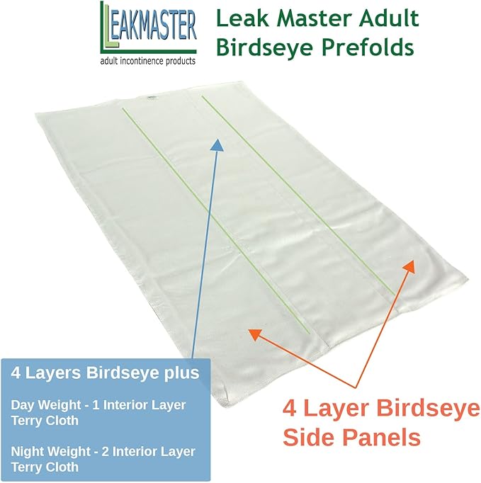 LeakMaster Adult Prefold Cloth Diapers Birdseye Weave - 100% Cotton Reusable and Washable Diapers - Soft, Absorbent & Durable - Day Weight - Size X-Small