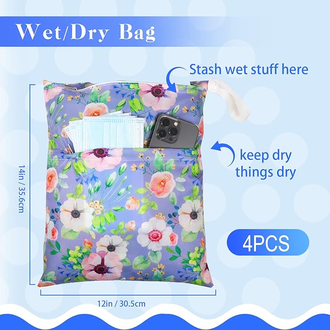 Frienda 4 Pieces Cloth Diaper Wet Dry Bag, Waterproof Reusable Washable Bag for Baby Items and Travel Zippered Pockets with Handle, Beach, Swimsuit, Dirty Gym Clothes and Toiletries(Flower)
