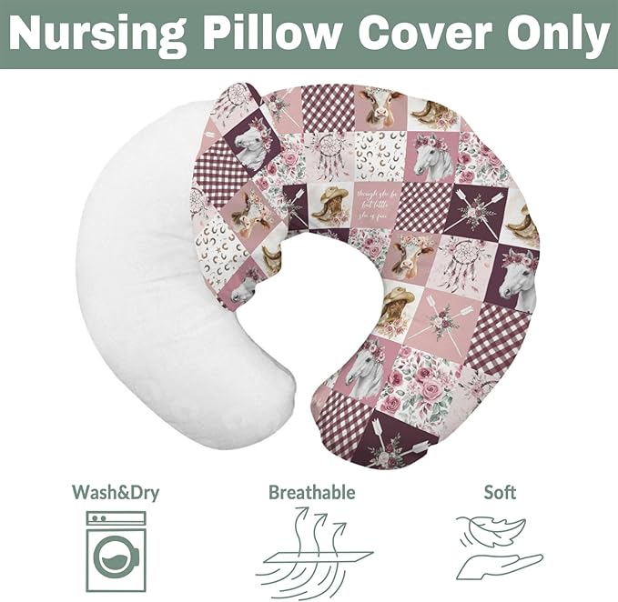 Pink Cowgirl Horse Cow Roses Baby Nursing Pillow Covers for Girl Tribal Dreamcatcher Arrows Nursing Slipcovers for Breastfeeding Pillows Western Cowgirl Boots Soft Stretchy Cover for Newborn Infant