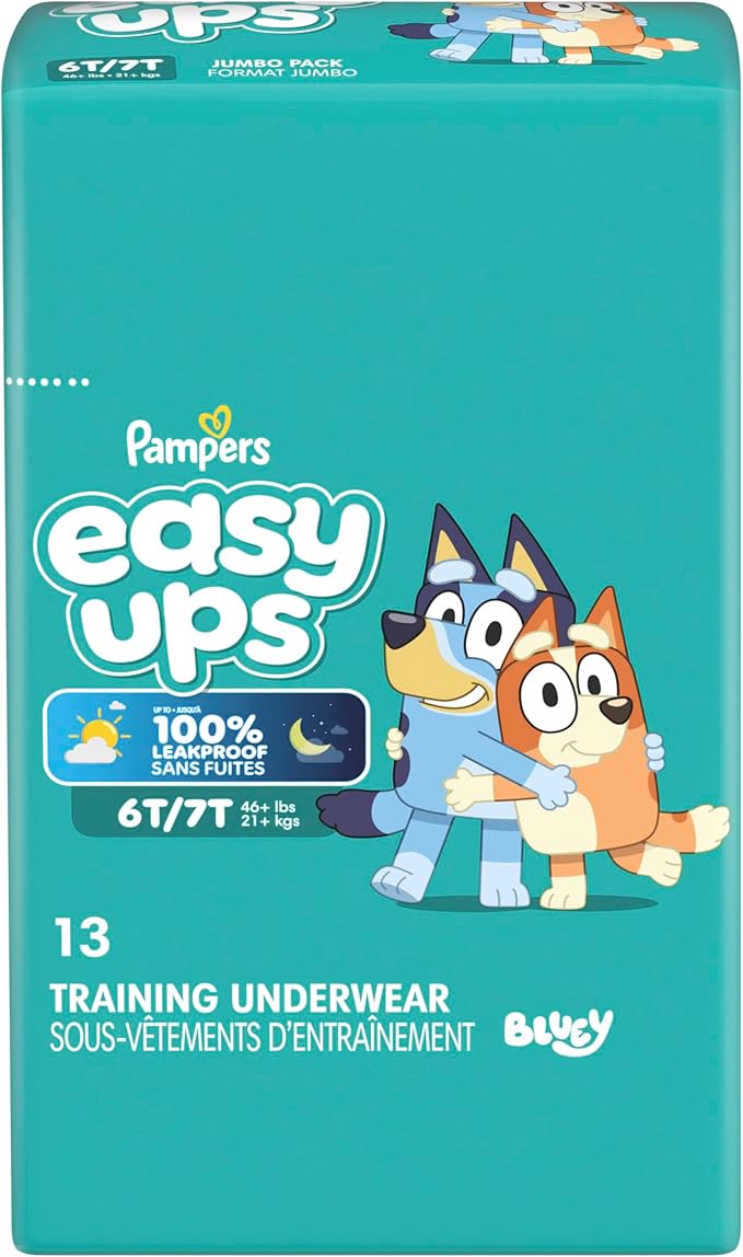 Easy Ups Girls & Boys Potty Training Pants, Size 6T-7T, 13 Count, Bluey Absorbent Training Underwear, Up to 100% Leakproof Day and Night, Hypoallergenic (Packaging May Vary)