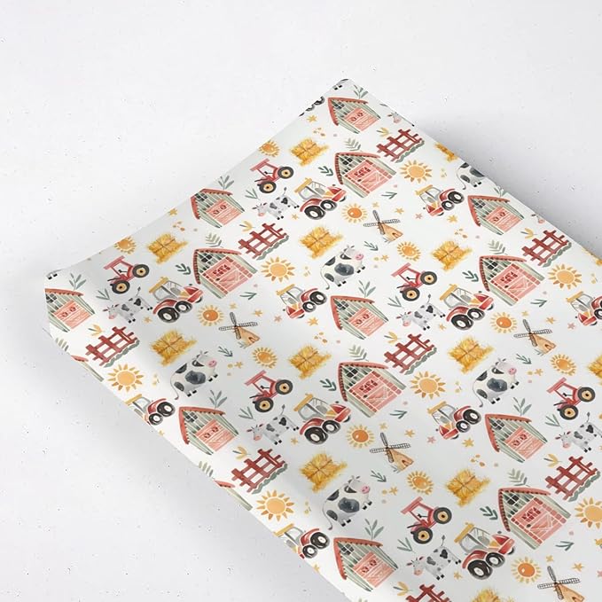 Watercolor Farm Life Cows Tractor Baby Changing Pad Cover, Unisex Farm Animals Nursery Diaper Changing Table Pad Mat Sheet for Boys Girls-16x32