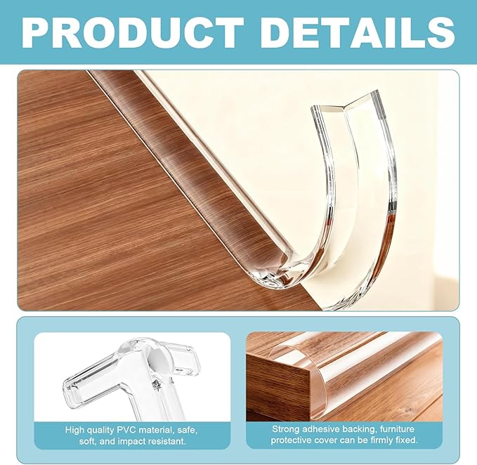 Baby Proof Edge & Corner Protectors, Clear Silicone Furniture Guards with Strong Adhesive – 9.84ft Table Edge Protector Strip with 4 Corner Guards for Baby Safety, Glass Tables, Cabinets & Fireplace