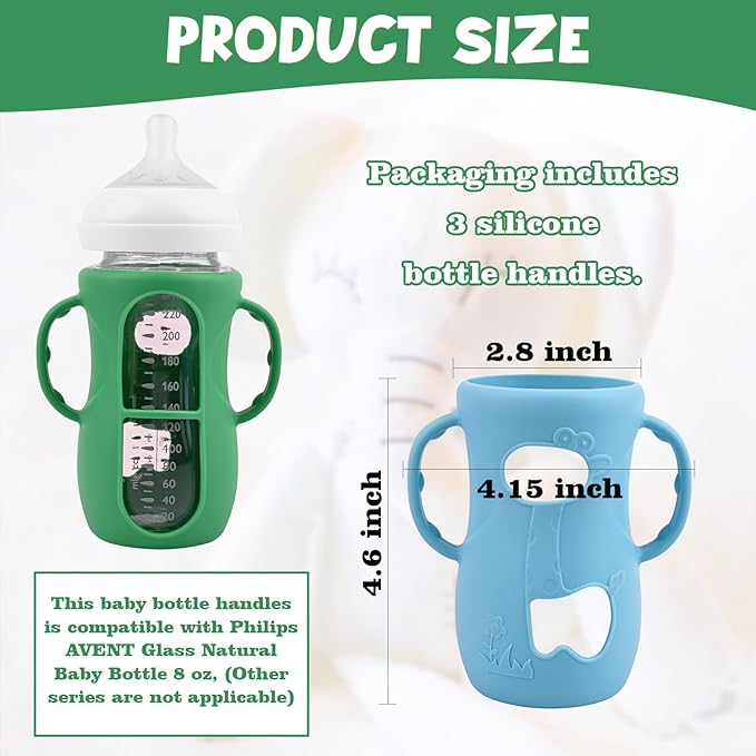 3 Pack Silicone Sleeves for Avent Natural Glass Baby Bottles, Anti Breakage Baby Bottle Sleeves with Handles, Compatible Philips Avent Glass Natural Baby Bottle 8 oz(White+Green+Blue)