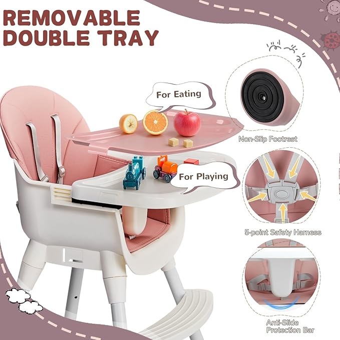 Ktaxon 3-in-1 Baby High Chair, Portable Adjustable Height Highchair with Removable Dual-Layer Tray, 5-Point Safety Harness and Footrest for Toddlers & Babies, Pink