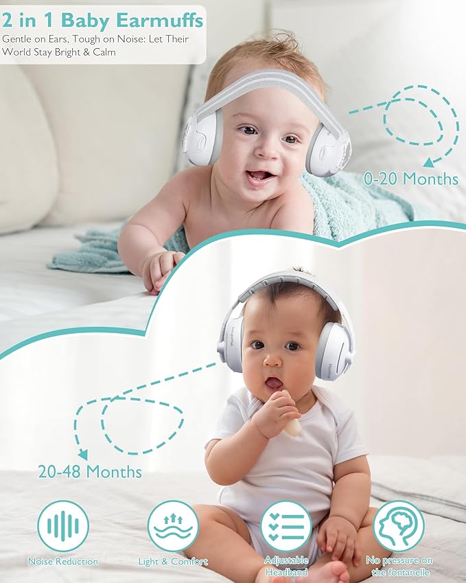 2 in 1 Baby Ear Muffs, Noise Reduction Earmuffs & Adjustable Headband for Baby, Hearing Protection Headphones